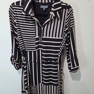 Luxology 3/4 sleeve shirt style black beige geometric print dress Sz12